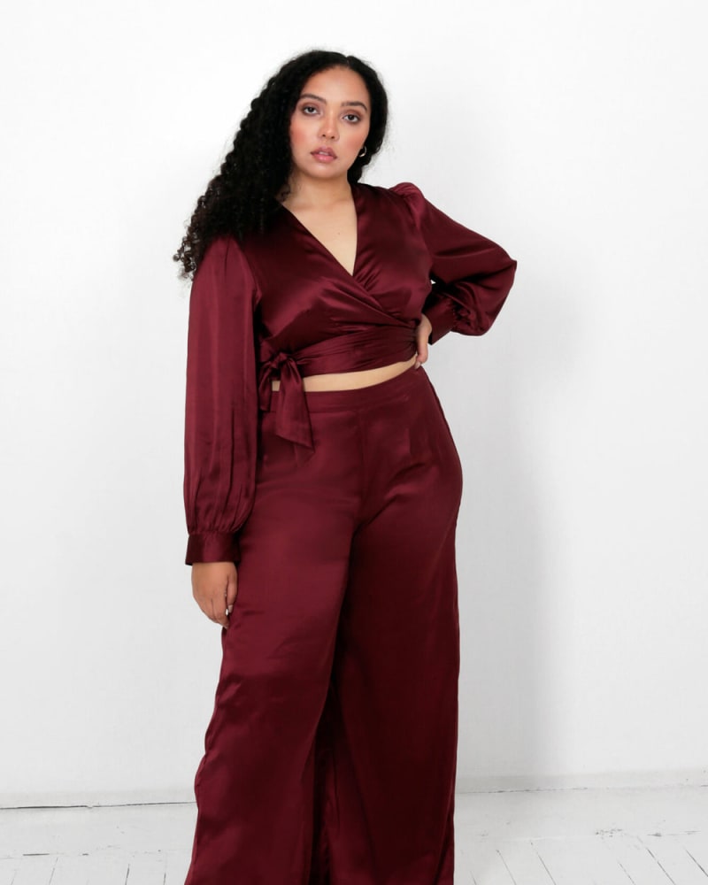 Front of a model wearing a size L Isa and Dora Satin Top And Pants Set in Roobios by LuvMeMore. | dia_product_style_image_id:266649